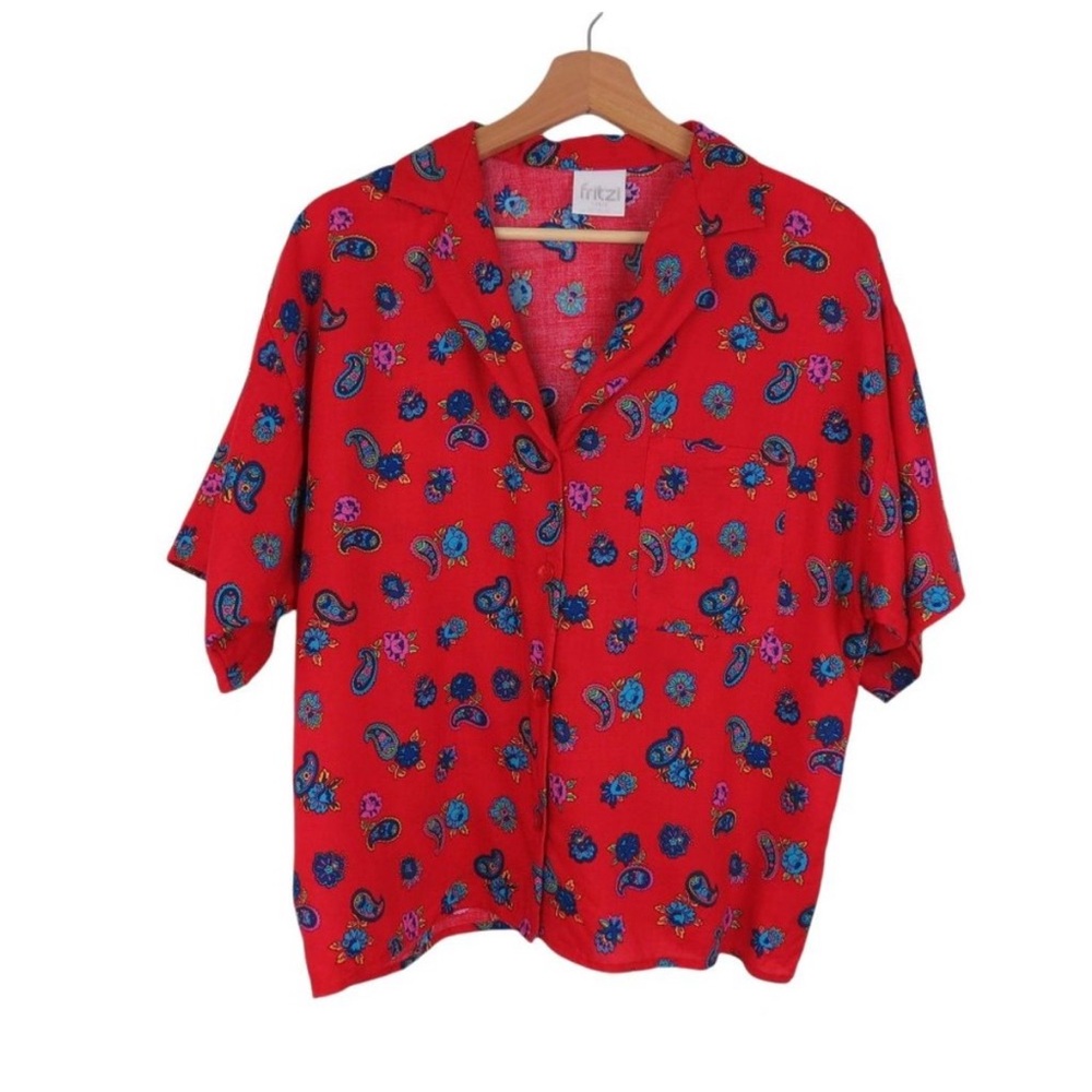 Vintage 1980s Red Blue Paisley Short Sleeve Shirt by Fritzi Women's Size L